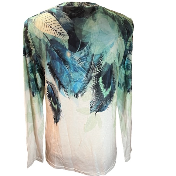 Women's Multicolor Peacock Feather Print Long Sleeve Top Sz S - Picture 5 of 5